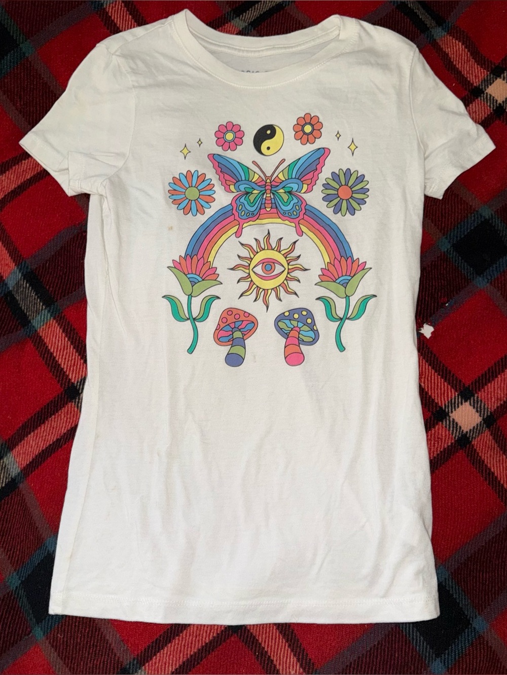 Girls' White Graphic Tee with Rainbow Butterfly Motif